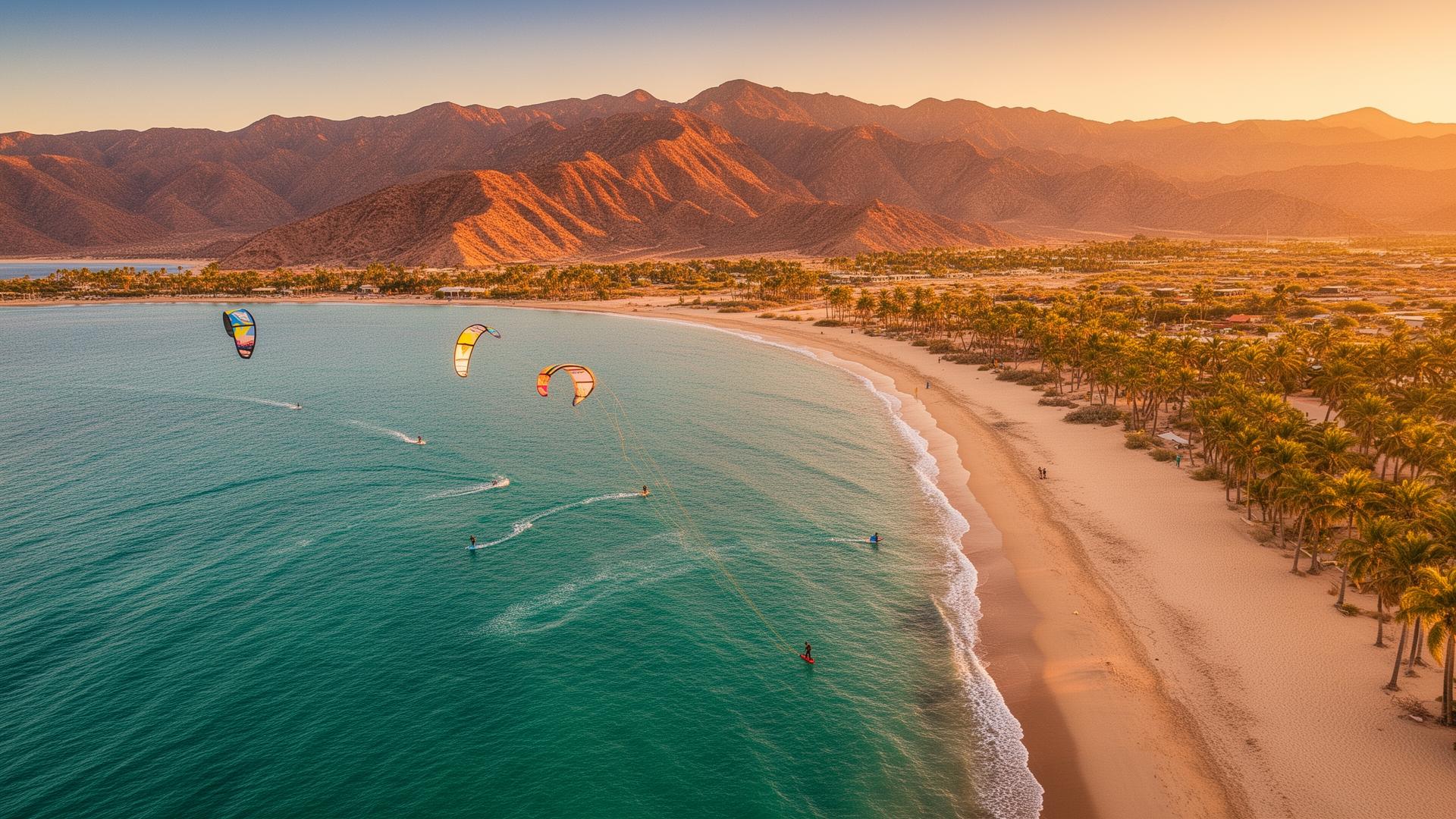 Aerial view of Los Barriles beach with kiteboarders on the Sea of Cortez